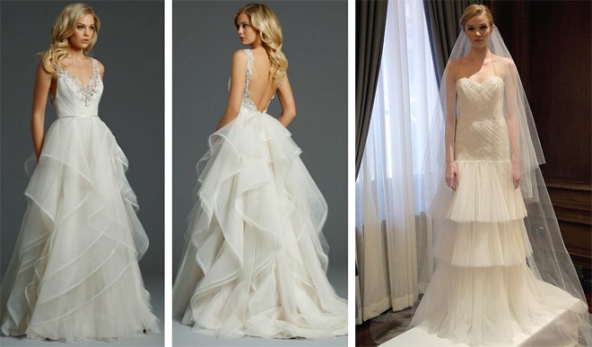 4. Váy nhiều tầng lớp. Không phải kiểu váy cô dâu xòe rộng, màu sắc sặc sỡ vốn đã qua mùa mốt từ lâu, các nhà thiết kế lớn trên thế giới như Marchesa , Badgley Mischka,  Claire Pettibone, Angel Sanchez… đã mang đến một làn gió mới cho những chiếc váy cưới nhiều tầng bằng các lớp xếp nếp bất đối xứng, được trang trí họa tiết tinh tế, bắt mắt hoặc may bằng chất liệu vải sang trọng với độ xòe vừa phải…