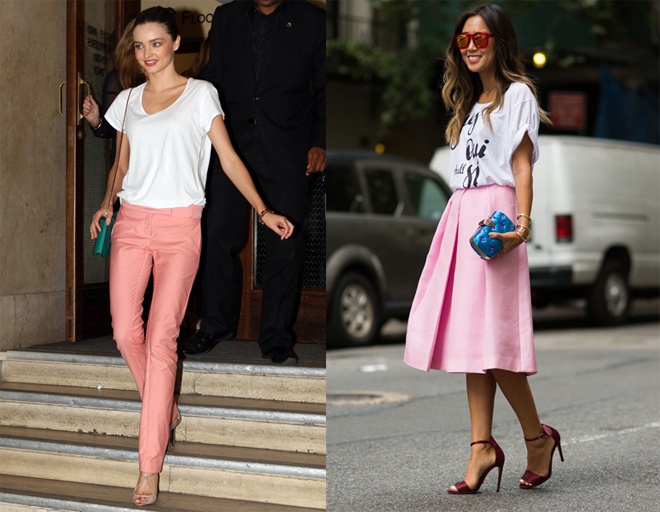 Một set đồ street style sành điệu dù rất đơn giản của thiên thần nội y Miranda Kerr và blogger nổi tiếng Aimee Song rất đáng cho bạn tham khảo với gam hồng.