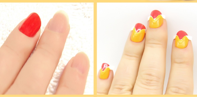 Đầu tiên, sơn toàn bộ móng tay bằng màu đỏ như bình thường. Để khô rồi đặt bìa cứng hình cánh cung lên từng chiếc móng, sơn chồng màu cam lên vùng móng phía dưới như hình minh họa. 