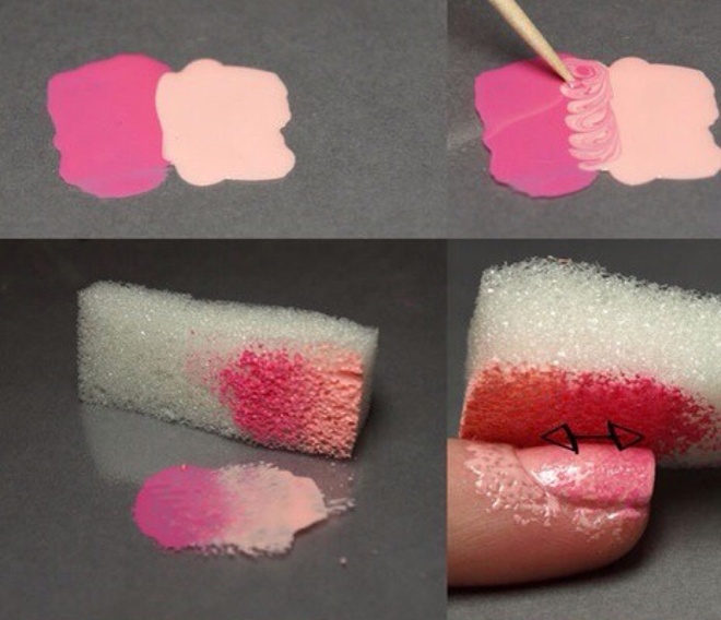 Cho một ít sơn màu nhạt và đậm trên cùng 1 tấm bìa, dùng tăm pha 2 màu này với nhau theo đường ziczac như hình hướng dẫn để tạo khoảng màu loang hoàn hảo. Dùng bọt biển thấm phần màu loang rồi nhấn lên móng theo hướng từ trên xuống, rồi nhanh chóng lau sạch vùng da dính sơn xung quanh bằng tăm bông.