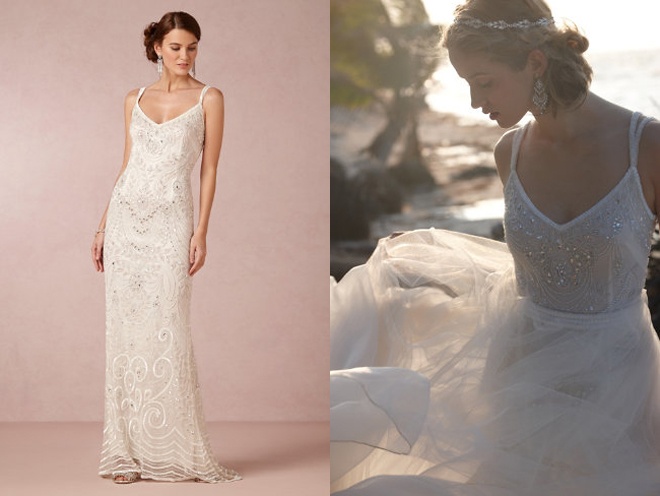 Ngoài ra, áo cưới 2 dây mảnh, nhỏ, áo viền ren lộng lẫy ở phần vai cũng sẽ khiến khuyết điểm vòng 1 của bạn thêm lộ rõ.