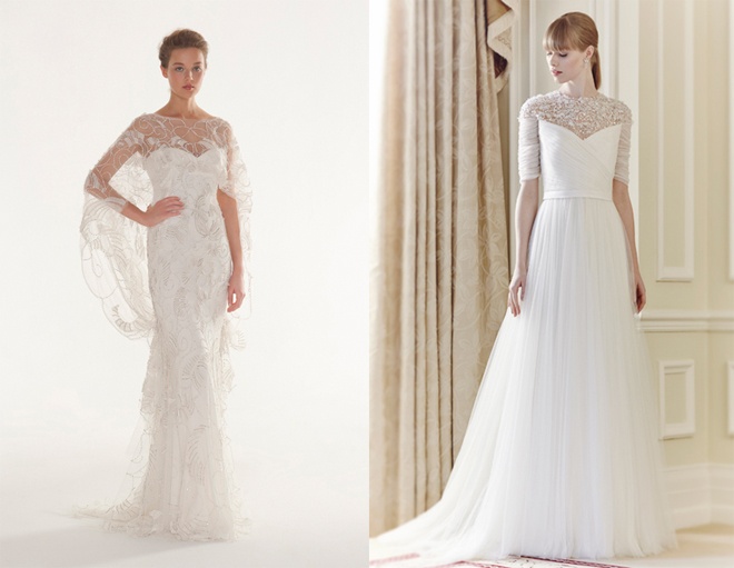 Các thiết kế váy cưới kết hợp khăn choàng bằng đá, ren hoặc pha lê lộng lẫy qua vai, có khi  phủ dài xuống ngực cũng hứa hẹn sẽ giúp cô dâu “màn hình phẳng” thêm nổi bật và sang trọng hơn.