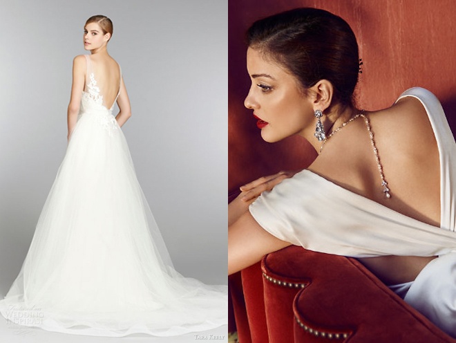 Các kiểu váy cưới trắng trơn, nhấn nhá bằng đường xẻ sâu phía sau lưng cũng giúp “đánh lạc hướng” sự chú ý của người đối diện vào các khu vực khác thay vì vòng ngực khủng.