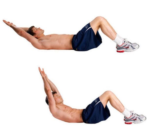 1. The long-arm crunch (Nâng tay dài):  Bước 1: Nằm ngửa, đầu gối cong, duỗi cánh tay của bạn thẳng ra phía sau.  Bước 2: Sau đó, di chuyển cánh tay thẳng lên trên đầu, từ từ nâng cả đầu và cánh tay gập người lên nhưng không quá cao, rồi hạ người về vị trí cũ. Lặp lại động tác này 12 lần. Ảnh: Bodybuilding.