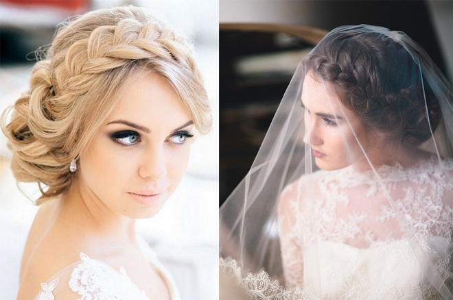 Với những cô dâu yêu vẻ đẹp cổ điển, chỉ cần tết mỗi bím tóc lớn, choàng ngang qua đầu như 1 kiểu phụ kiện tóc độc đáo, có thể phủ thêm khăn voan mỏng điệu đà là đã có ngay một phong cách làm tóc ngày cưới rất vintage và đầy nữ tính.