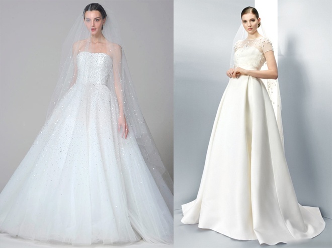 Để thật sang trọng và sành điệu trong ngày cưới, bạn nên chọn các kiểu váy trang trí hoa nổi, đính đá… 