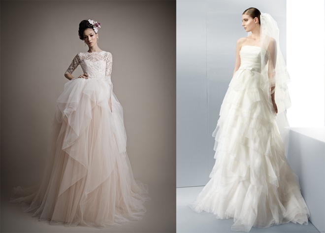 Váy cưới chít eo cao, kết hợp phần thân dưới xếp nếp bất đối xứng là một gợi ý hấp dẫn cho cô nàng có vùng eo to. Nhất là khi bạn có vóc dáng thiếu đường cong theo kiểu thân hình “ thước kẻ”.