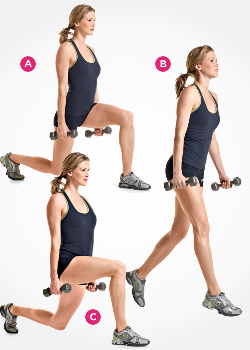 2. Dumbbell Chia Jump ():  (A): Cầm một cặp tạ để bên cạnh hông, lòng bàn tay hướng vào nhau. Đứng trong tư thế so le, chân trái để phía trước. Từ vị trí này, hạ thấp cơ thể tạo thành tư thế quỳ gối phải. (B): Nhanh chóng chuyển hướng và nhảy lên cao với lực vừa đủ để đẩy cả hai chân lên khỏi sàn. (C): Lặp lại động tác, luôn phiên qua lại giữa hai chân.