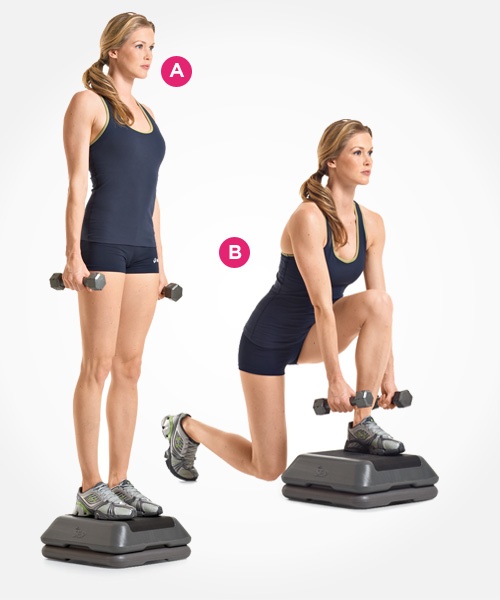 4. Reverse Dumbbell Box Lunge with Forward Reach (A): Đứng lên một chiếc hộp cao 15cm, cầm một cặp tạ nhẹ để ngang bên hông.  (B): Lùi chân phải rồi hạ thấp cơ thể tạo thành tư thế quỳ, đầu gối chân trái cũng hướng về phía trước. (C): Trở lại vị trí ban đầu, sau đó đổi bên.