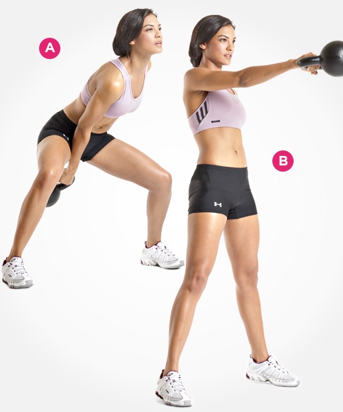 5. Vung một tay với tạ tay Kettlebell:  (A): Đứng với hai chân cách nhau một khoảng hơi rộng hơn vai. Một tay cầm quả tạ kettlebell giơ trước người, duỗi thẳng tay.Đẩy hông về phía sau và nhanh chóng vung tạ xuống giữa hai chân, trùng gối, gập người tại hông tạo thành góc 45 độ và giữ cho lưng thẳng. (B): Giữ cánh tay thẳng, đẩy hông về phía trước, duỗi thẳng đầu gối và vung tạ lên tầm cao ngang ngực. Sau đó, trở lại vị trí A để tiếp tục lặp lại động tác trên một vài lần.
