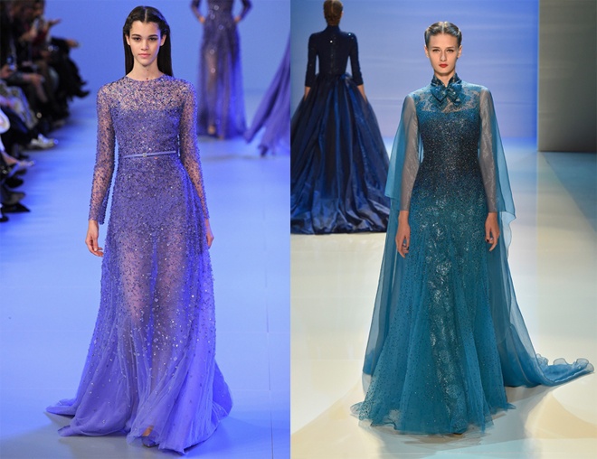 2. Xanh lạnh. Say đắm chiếc váy xanh lộng lẫy của “Nữ hoàng băng giá” Elsa, các nhà thiết kế nổi tiếng thế giới như Elie Saab, Ralph Russo, Georges Hobeika, Cosmobella, Monique Lhuillier… đã tạo nên những kiệt tác áo cưới cũng quyến rũ và rực rỡ không kém.