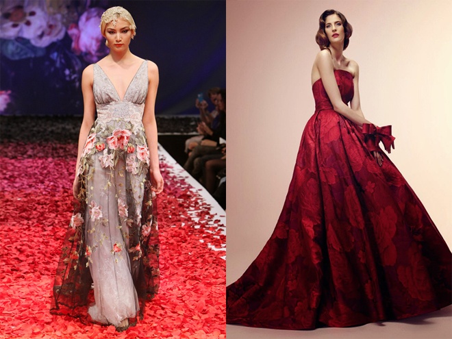 3. Váy in hoa. Những bông hoa dịu ngọt đầy màu sắc được in hoặc kết nổi trên thân váy sẽ giúp bạn thay đổi phong cách cô dâu theo hướng ấn tượng khó “đụng hàng”.