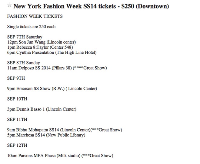 Những lời chào bán vé xem fashion week hấp dẫn với giá “bèo” đầy rẫy trên trang web Craigslist.