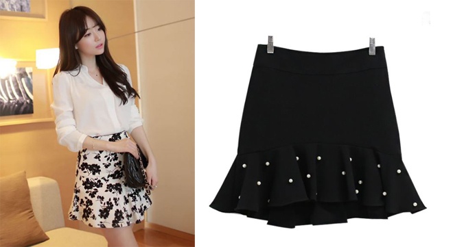 Để làm mới chiếc váy đuôi cá ngắn, bạn có thể đính vài hạt châu nhỏ hoặc chọn hoa văn floral nếu yêu thích phong cách tiểu thư dịu dàng. 