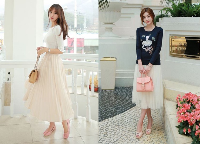 Váy xòe chất liệu chiffon mềm mại, dài quá gối cũng rất dễ giúp bạn mặc đẹp. 