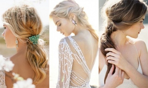 1. Tóc đuôi ngựa buộc thấp: Nếu sở hữu một mái tóc xoăn tự nhiên, bạn có thể buộc lỏng tóc ở tầm thấp, sau đó cố định bằng một chiếc cặp tóc điệu đà. Hoặc bạn có thể dùng gel đánh rối tóc cho thêm vẻ tự nhiên. Một bông hoa cài đầu tăng sự mềm mại cho cô dâu.