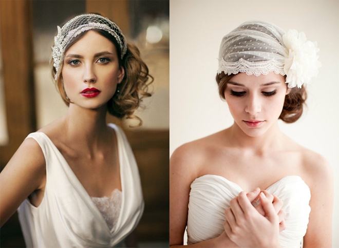 Nếu tóc dài hơn một ít, bạn có thể uốn xoăn phần đuôi, buộc lệch. Cài khăn vintage phủ ngang trán, cô dâu sẽ trở nên duyên dáng, quyến rũ hơn hẳn.