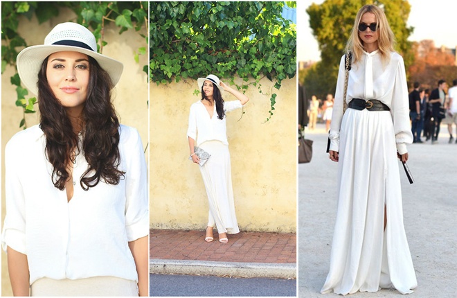 Nếu yêu thích phong cách sang trọng, trang nhã, phối váy maxi và áo sơ mi theo xu hướng white on white sẽ là lựa chọn rất đáng cho bạn tham khảo.