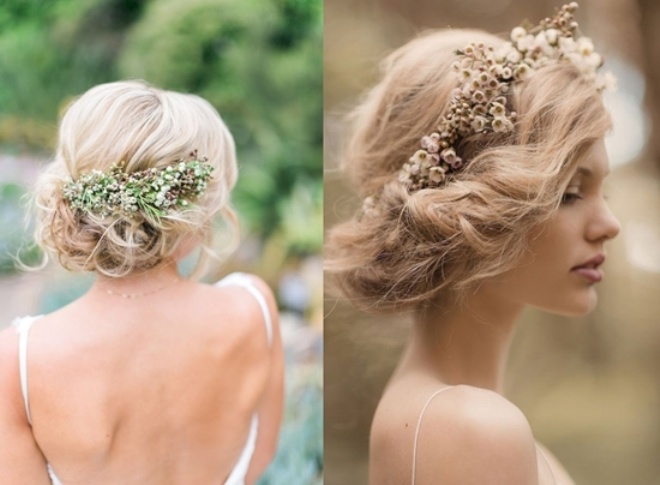 Và cũng như những kiểu tóc cưới khác thì một chút phụ kiện cài tóc như vòng hoa, dây cài đính đá sẽ làm tăng thêm độ duyên dáng cho mái tóc búi rối của cô dâu.