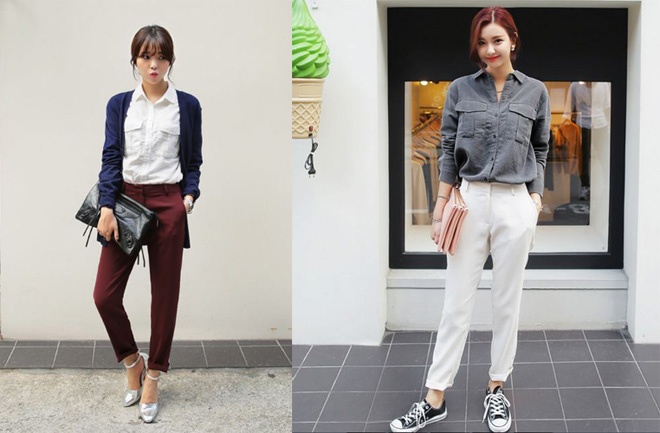 Vì mang lại ngoại hình sành điệu, hiện đại cho người mặc, nên khi đã xắn gấu quần âu, bạn cần lưu ý đến áo phối kèm. Nên chọn các kiểu sơ mi đơn giản, phong cách thay vì quá nhiều chi tiết trang trí, hoặc cũng như không nên chọn áo có họa tiết hoa quá mềm mại và nữ tính.