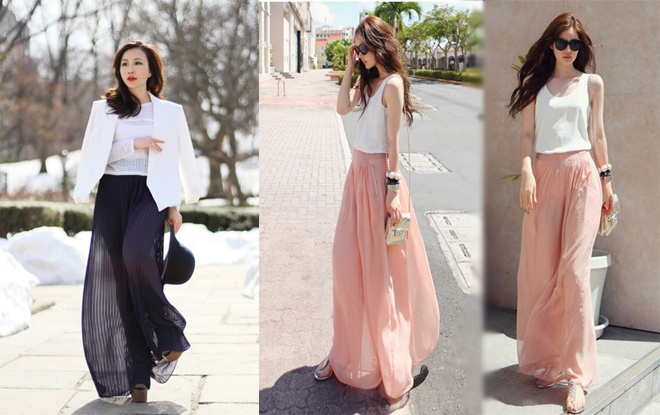 Ngoài ra, quần âu vải mềm, ống rộng và may phủ qua mắt cá chân rất thích hợp để nàng chân ngắn che bớt khuyết điểm hình thể.