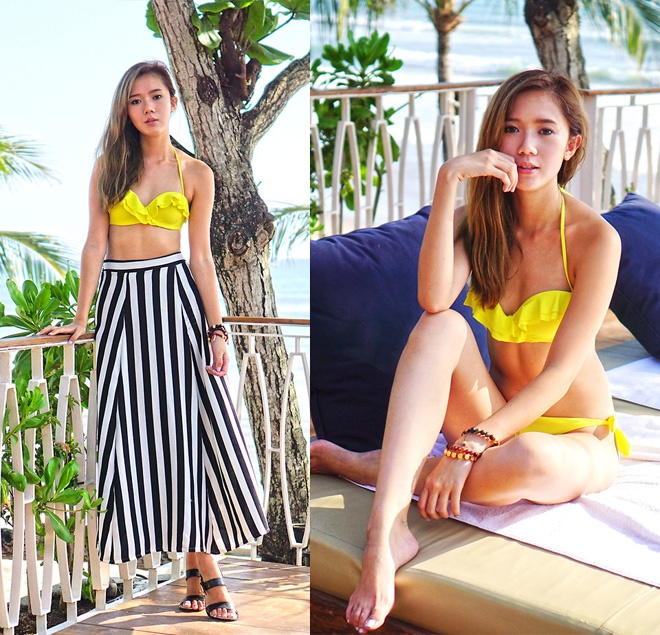 Để tạo cảm giác thon thả, cao ráo, bạn có thể chọn váy maxi, mullet hoặc váy midi sọc dọc đen trắng như Camillie Co.