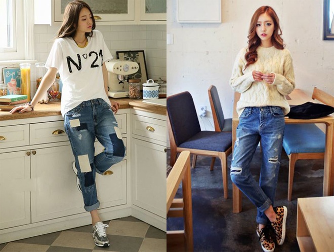 1. Jeans họa tiết hình học. Nếu yêu thích kiểu jeans rách, và muốn F5 chúng thật mới lạ, bạn nên chọn jeans rách có trang trí các miếng vải ô vuông hoặc hình chữ nhật thật độc đáo.