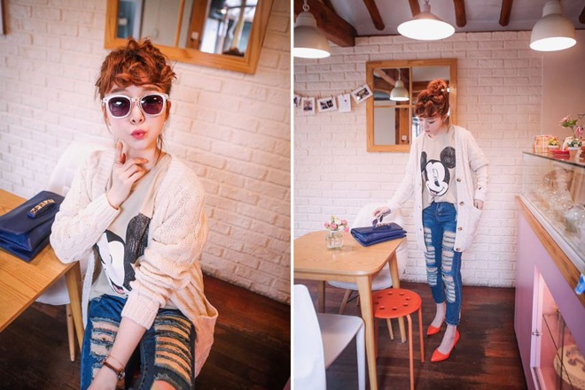 Ngoài ra, nền vải jeans rách lộ phần vải khác màu bên trong có hình vuông, chữ nhật cũng đang là mốt mùa này.