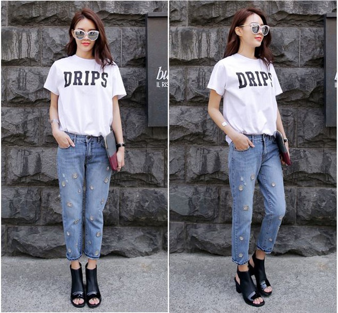 Yểu điệu hơn, jeans trang trí ô vuông, hình tròn bằng hạt cườm sẽ giúp bạn gái nữ tính thêm duyên dáng, cá tính.