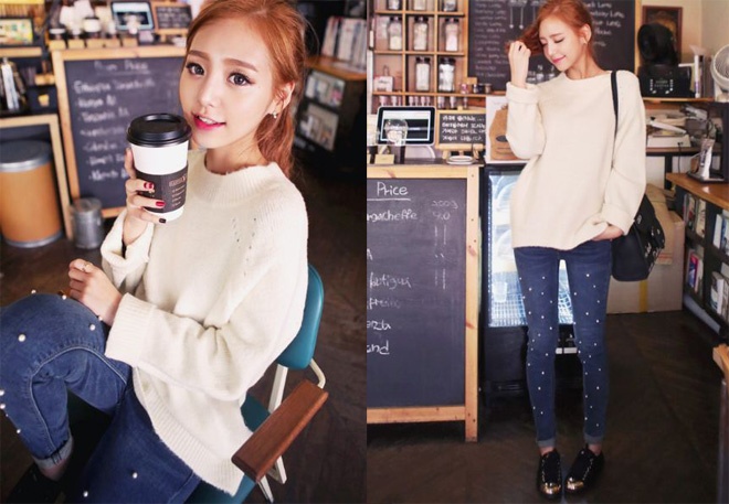 Ngoài ra, nếu thích phong cách nữ tính, bạn có thể chọn jeans trang trí hạt trai kết nổi trên thân quần. Phối cùng áo pull cá tính, phong cách tối giản sẽ trở nên ấn tượng và cuốn hút hơn.