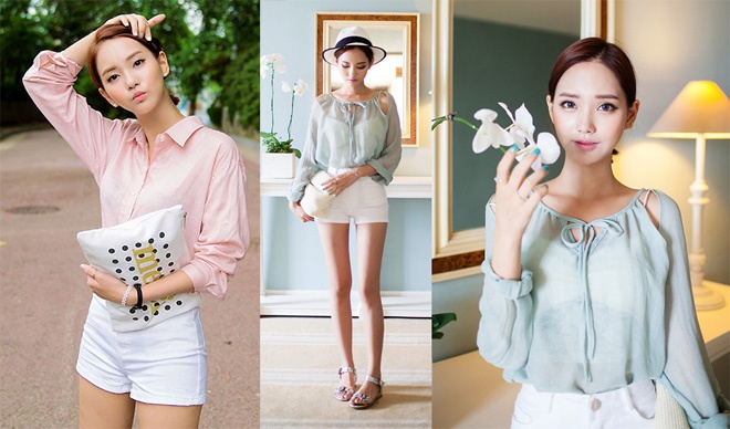 Người mẫu, kiêm fashionista 24 tuổi Chuu Chaeeun là một trong những cô nàng cực yêu màu trắng, với nhiều cách phối độc đáo và thanh lịch. Có thể là mix shorts trắng cùng áo công sở pastel dịu ngọt.