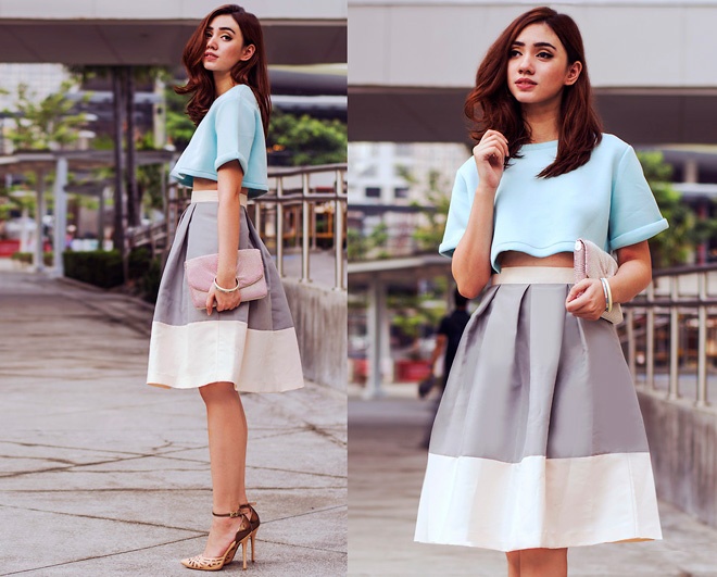 Cô gái xinh đẹp này luôn mang màu sắc và họa tiết vào trang phục công sở của mình. Đó có thể là cách phối color block theo tông màu pastel ngọt ngào.
