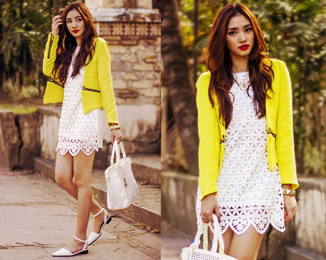 Vàng neon, trắng và đen, kèm son môi đỏ tạo nên tổng thể công sở đặc biệt hút ánh nhìn trong ngày nắng.