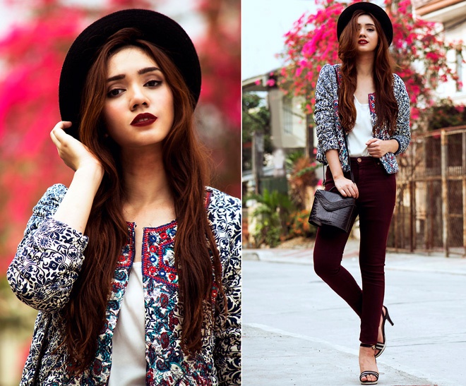 Cá tính hơn nữa là chiếc áo khoác họa tiết phương Đông lạ mắt, kết hợp cùng mũ fedora mang đậm không khí ngày hè đầy nắng.