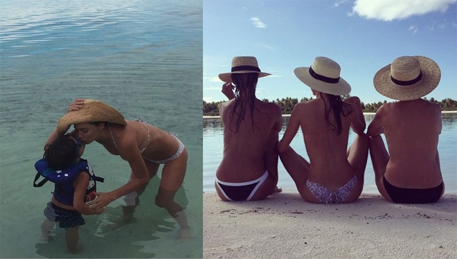 Cựu thiên thần Victoria’s Secrect còn “đốn tim” fan khi chia sẻ những khoảng khắc lưng trần cực sexy cùng bạn bè cũng như khi vui đùa với con trai nhỏ trong làn nước mát.