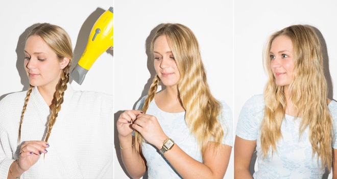  Nếu muốn tạo tóc xoăn gợn sóng nhanh chóng, bạn nên bện tóc thành 2 bím. Dùng máy sấy thẳng vào bím tóc.