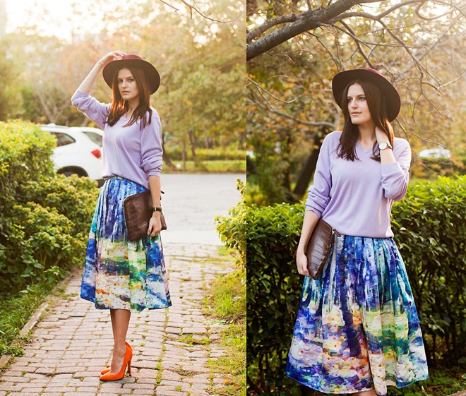  Yêu họa tiết, nên Viktoriya thường chọn váy midi dáng phồng, vẽ tranh phong cảnh hoặc họa tiết trừu tượng rực rỡ để thật tươi sáng trong ngày mới.