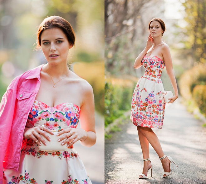 Để trang phục họa tiết hoa không quá  sến sẩm, bạn có thể học cách mix áo váy floral với áo khoác cùng tông màu.