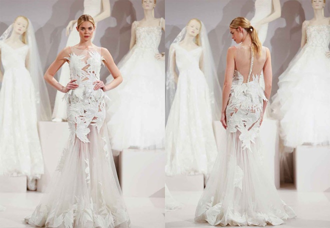 3. Tận dụng cut - out và xuyên thấu. Những đường cut-out  nhẹ nhàng ở eo, ngực, lưng hoặc khoảng xuyên thấu hút mắt phía sau váy sẽ giúp chiếc váy cưới của bạn thêm lộng lẫy và thoáng mát trong ngày hè.