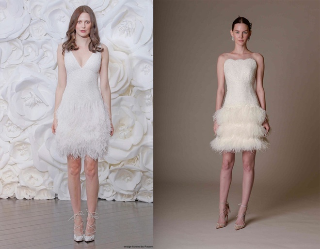 Nếu bị lông vũ “mê hoặc”, bạn chỉ nên chọn các thiết kế sử dụng một ít lông vũ làm điểm nhấn. Chẳng hạn như chiếc váy ngắn duyên dáng là kiểu mốt mới nhất của thương hiệu váy cưới lừng danh Marchesa và Naeem Khan.