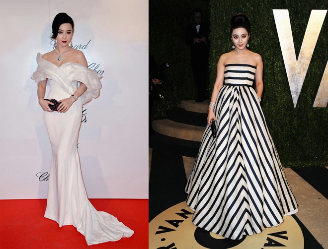 Dễ nhận thấy trong danh sách các trang phục thảm đỏ nổi trội của Phạm Băng Băng thường là các thiết kế nhẹ nhàng, thanh thoát, với phần thân dưới lộng lẫy, tận dụng phom dáng phồng hay trang trí 3D ấn tượng, hoặc phần thân trên nhấn nhá ngay vòng 1. Có khi là các thiết kế có phần tay dài giúp che bớt nhược điểm bắp tay hơi to. Với trang phục dạng này, nữ hoàng CBiz nhanh chóng  “đánh lạc hướng” sự chú ý của người đối diện khỏi bờ vai tròn trịa.