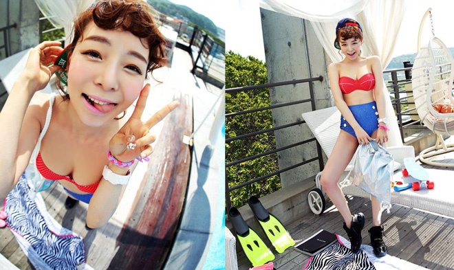 Trẻ trung hơn là những kiểu bikini crop-top kết hợp với chất liệu denim. 