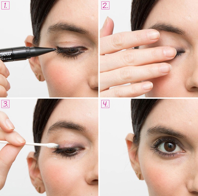 7. Tạo mắt khói chỉ trong vài phút. Bắt đầu bằng cách dùng chì màu kẻ viền mi như hình minh họa. Lấy tay thoa lớp chì rộng hơn, giới hạn chỉ ở phần mi mắt. Dùng tăm bông thấm kem dưỡng ẩm làm sạch các phần chì bị lem, tán đều màu chì để sở hữu kiểu mắt khói hiện đại, năng động trong vài phút.