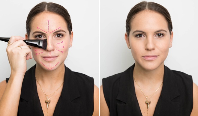 9. Thoa phấn nền đều màu. Phủ 1 lớp phấn nền lên khu vực trung tâm của khuôn mặt, sau đó dùng cọ đầu to tán đều ra. Cách làm này sẽ giúp bạn sở hữu lớp trang điểm thật nhẹ nhàng, tự nhiên. Ngược lại, nếu thoa quá nhiều phấn ở hàm dưới, các vùng mặt gần chân tóc… sẽ tạo lớp phấn quá dày và giả tạo.