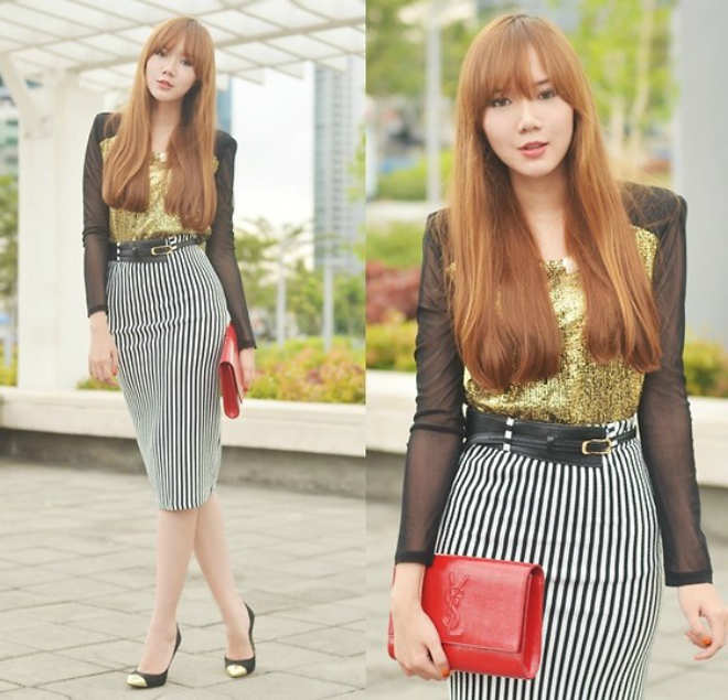 Váy kẻ dọc: Chiếc váy kẻ dọc sẽ hướng mắt người đối diện từ trên rồi kéo thẳng tuột xuống tận gấu váy mà quên đi mất vòng eo bánh mỳ của bạn.