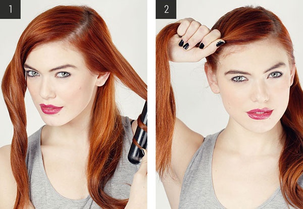 1. Chia tóc thành các lọn nhỏ, sau đó dùng máy, uốn tóc thành các lọn to.  2. Sau đó, bạn lấy một lọn tóc trước mái để tạo búi xoắn.