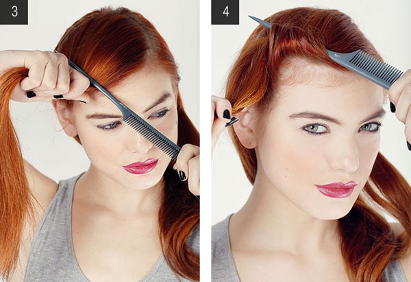 3. Bạn có thể dùng chuôi lược để tạo xoắn hoặc một đoạn sắt tròn, dài bất kỳ. Chuôi lược sẽ có tác dụng giữ lọn bồng theo ý muốn của bạn, đồng thời giúp tóc không bung ra khỏi nếp.  4. Sau khi đặt chuôi lược vào phía trên mái tóc, bắt đầu xoắn ngược lên phía trên, tạo thành một cuộn nhỏ.