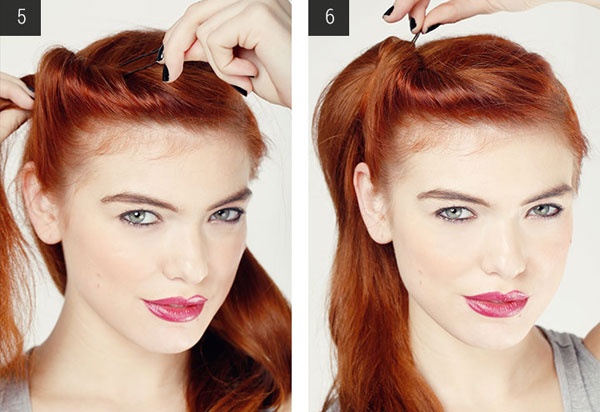 5. Lấy tay giữ cố định tóc phía sau và dùng ghim, cài lên các đoạn.  6. Cuối cùng, ghim tóc ở đoạn giao giữa xoắn và lọn tóc để tóc không bị bung ra.