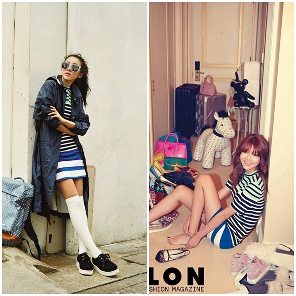 Có thể nhận thấy rõ là Sandara phong cách hơn hẳn khi phối cực ăn rơ chiếc váy đầm liền ôm sát kẻ sọc cùng áo trench coat màu xanh xám, kính râm màu be, giày thể thao kèm tất lửng cá tính. Cô nàng Soo Yong thì giản dị hơn khi chọn phối cùng đôi giày cao gót da báo.