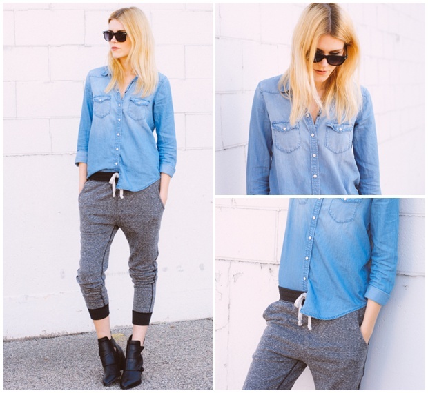 Bạn sẽ cá tính hơn khi mix quần bó gấu với sơ mi denim và ankle boots.